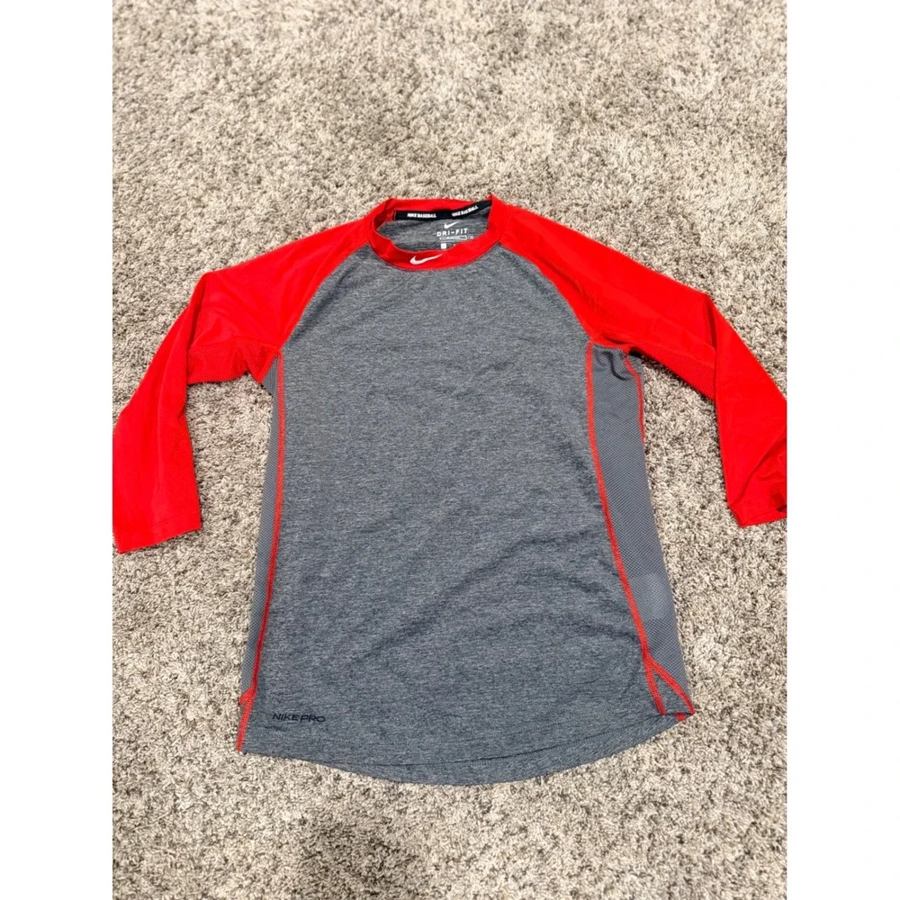 Nike Pro Baseball Dri-FIT Slim Fit Shirt Kids Large Grey Red Raglan Mock Neck